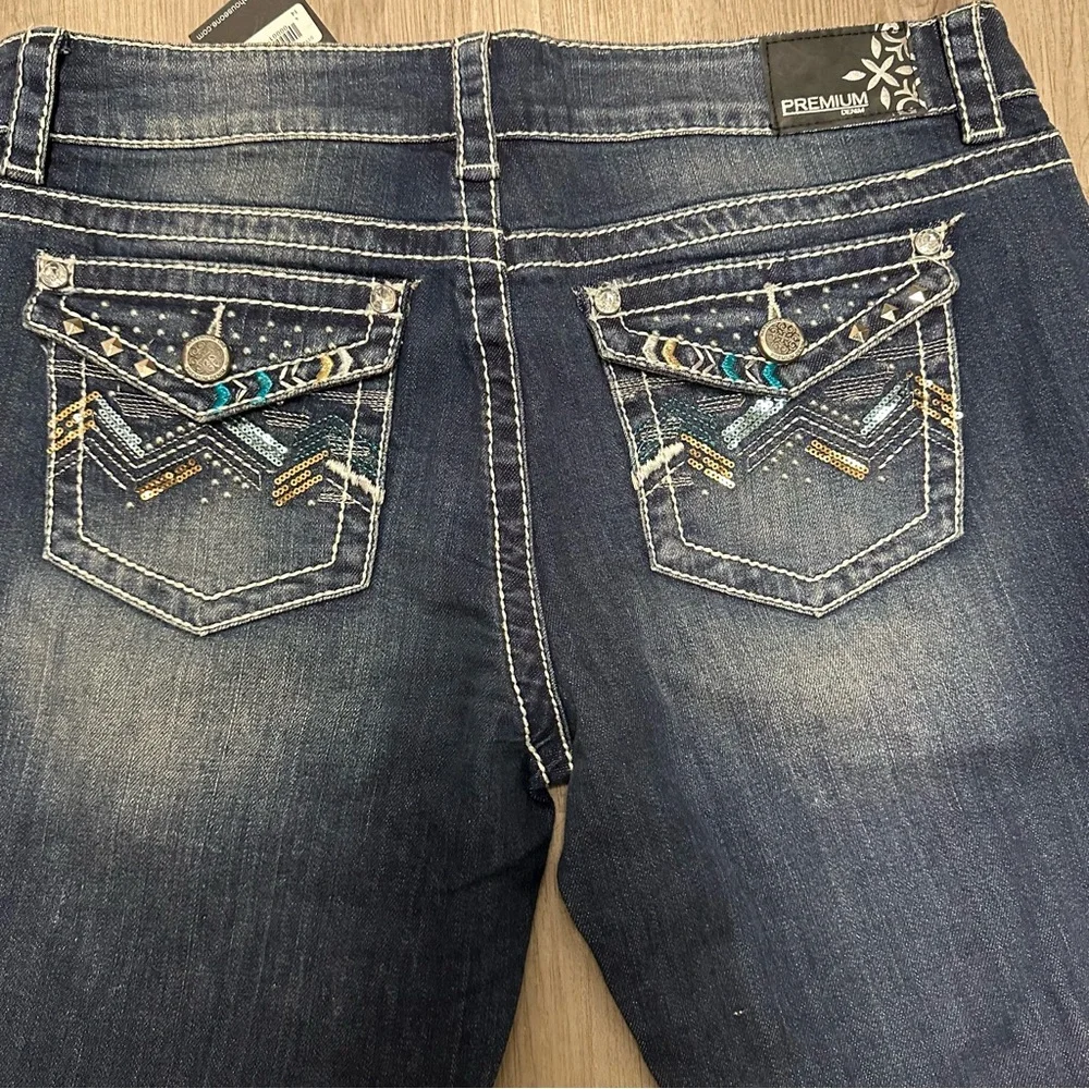Warehouse Premium Denim Dark Blue Slim Embellished Denim Capris 14 - Picture 8 of 10